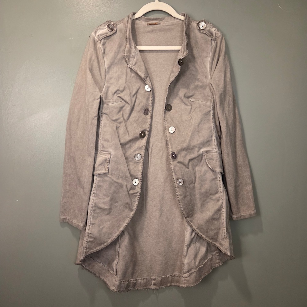Suzy D Women's Size M Open Front Military Style Jacket High Low Taupe Gray